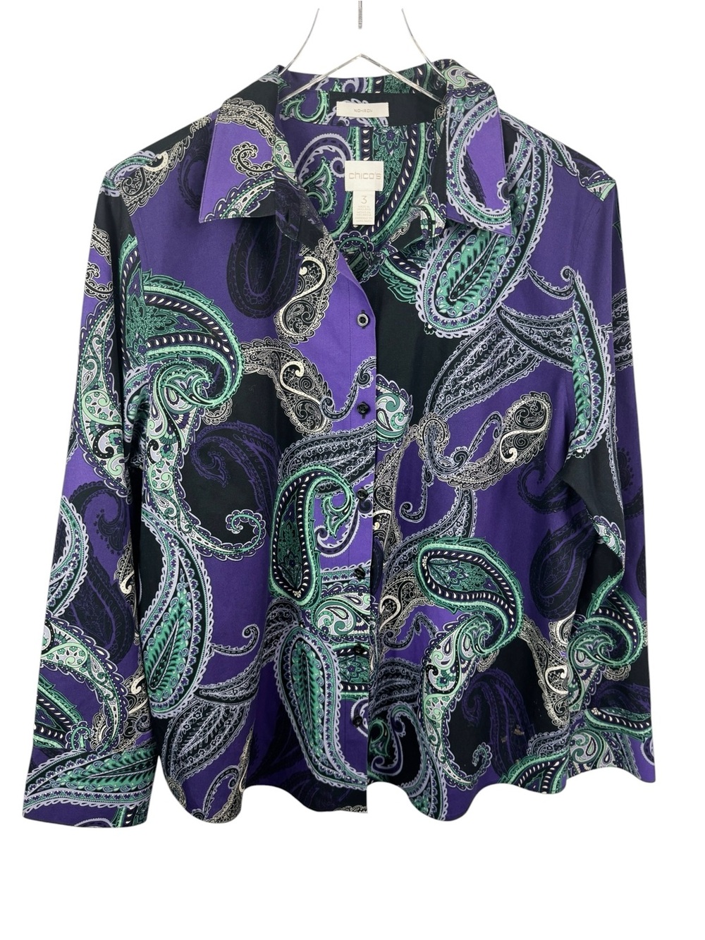 Chico’s No Iron Paisley Button Up Shirt Purple Green 100% Cotton Size XL